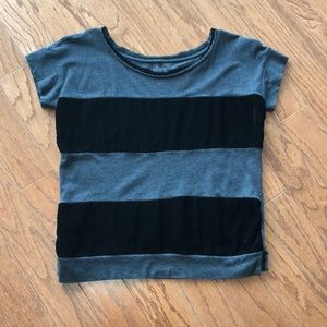 Black velvet and gray short sleeve shirt.